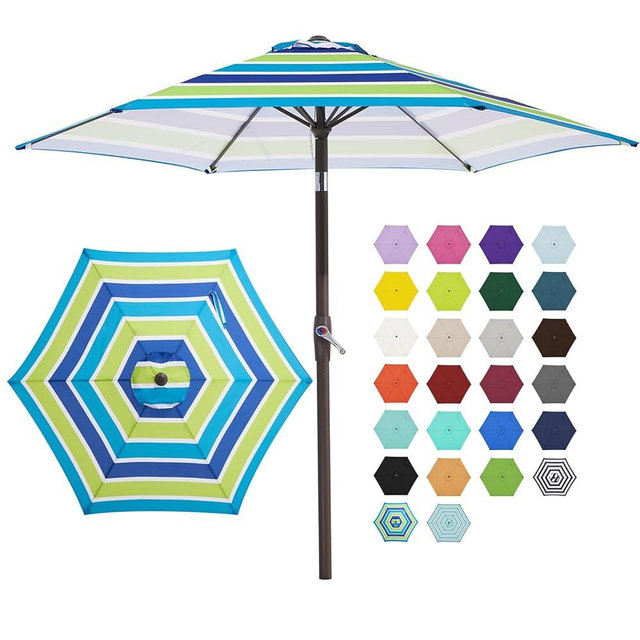 JEAREY 7.5FT Patio Umbrella Market Table Umbrella with 6 Sturdy Ribs, Push Button Tilt/Crank Outdoor Umbrella for Garden, Deck, Backyard, Pool and Beach,Bold Blue-Green Stripe
