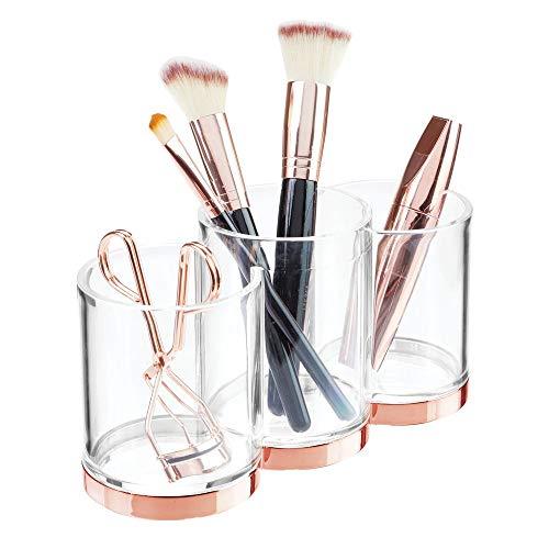 mDesign Plastic Makeup Organizer Storage Cup with 3 Sections for Bathroom Vanity Countertops or Cabinet: Stores Makeup Brushes, Eye and Lip Pencils, Lipstick, Lip Gloss, Concealers - Clear/Rose Gold