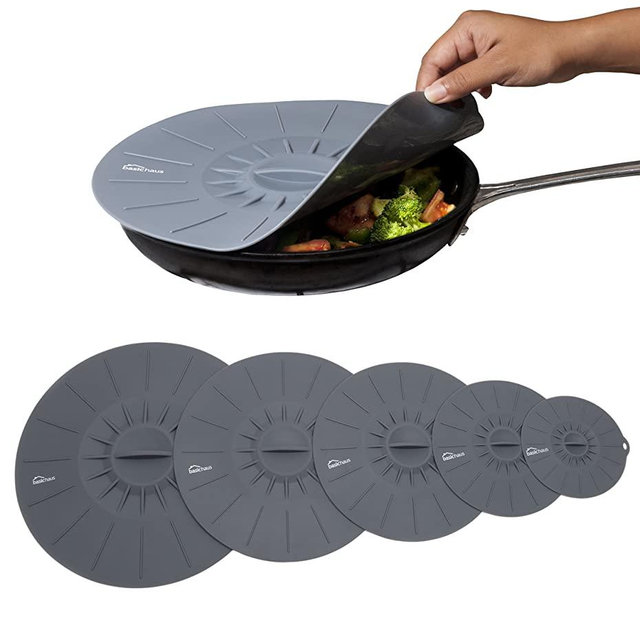 Basic Haus Microwave Cover Silicone Lids - Set of 5: 6, 8, 10, 12 and 14 inches - Suction Covers for Pots, Pans, Bowls, Cups, Skillets - Splatter Protection - Easy Food Storage - BPA Free - Oven Safe