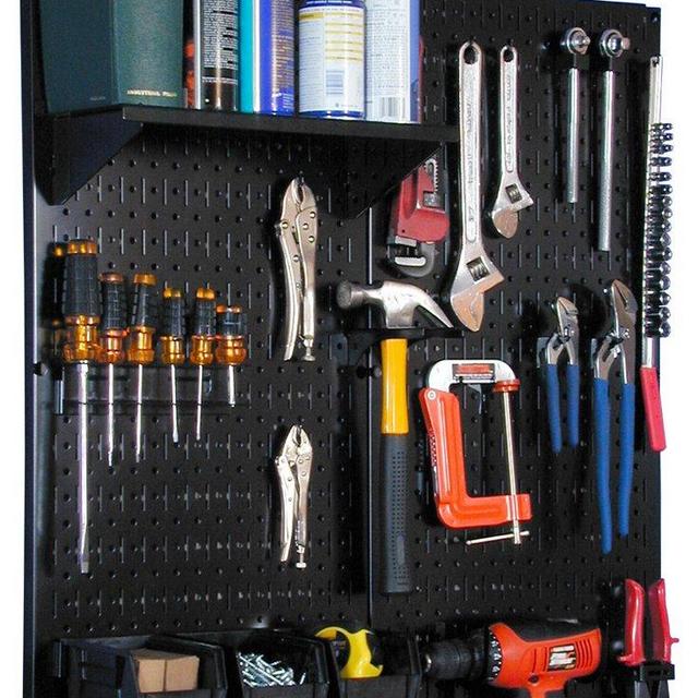 Wall Control Metal Pegboard Utility Tool Storage Kit with Black Pegboard and Black Accessories
