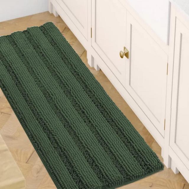 Bath Rugs for Bathroom Non Slip Bath Mats Extra Thick Chenille Striped Bath Rug Runners 47" x 17" Absorbent Fluffy Soft Shaggy Mats Dry Fast Plush Area Carpet for Bath Room - Bronze Green