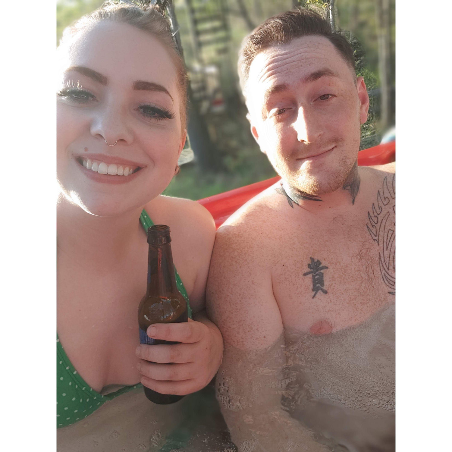 In a hot tub on our 2021 trip to Hocking Hills!