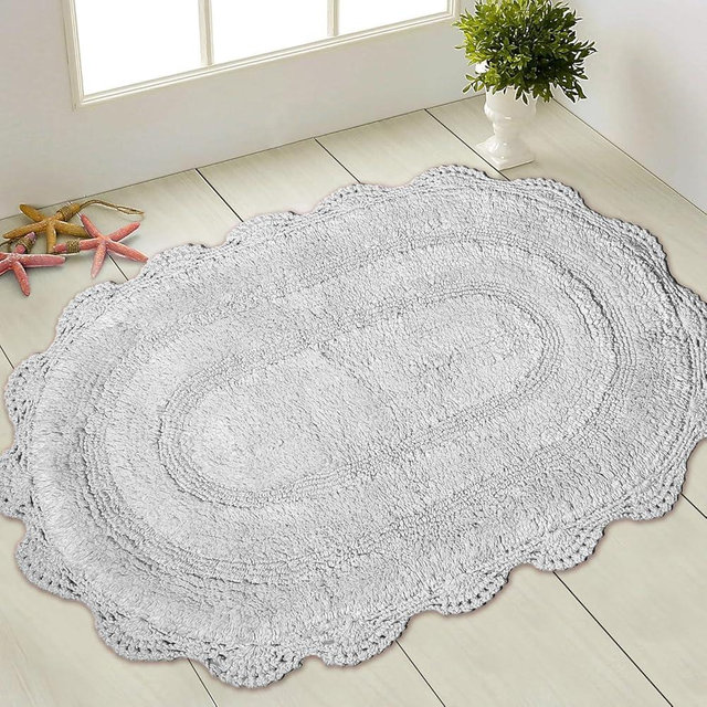 Chardin home Light Grey Crochet Bathrug, 100% Cotton Oval bathmat with artisanally Handcrafted Crochet Border, 21x34 Inch, Medium Rug, Perfect for Half Baths, Powder Rooms, bathrooms