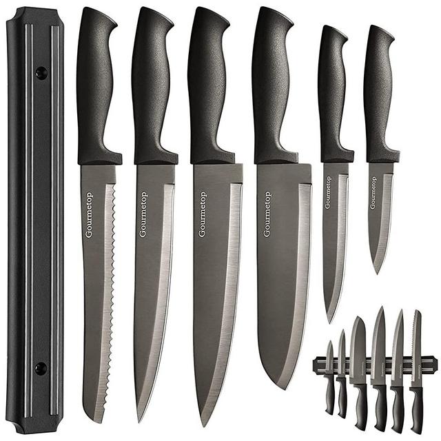 Gourmetop Kitchen Knife Set with No Drilling Magnetic Strip, Knives Set for Kitchen Black Titanium Plated Cooking Knives, Sharp Stainless Steel Chef Knife Set for Cutting Meat & Vegetable, 6 Piece