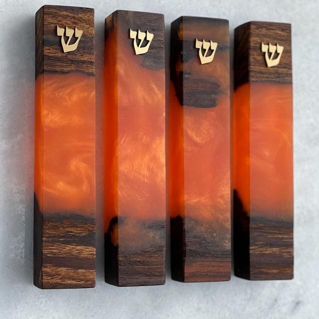 Olive Wood + Orange Mezuzah | Gold Shin