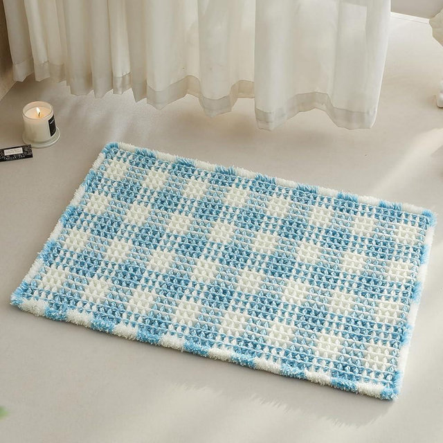 TYUU Waffle Bath Mat, Boho Bathroom Rugs Non Slip Washable Absorbent Checkered Bathroom Mat Quick Dry Cute Bath Mat, 30"x20" Blue and White