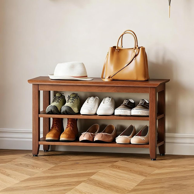 Furshus Wood Shoe Bench for Entryway,Bench with Shoe Rack,Storage Shoe Organizer for Hallway,Living Room,Bedroom (Brown, 31.5''W×11.81‘’D×17.71‘’H)