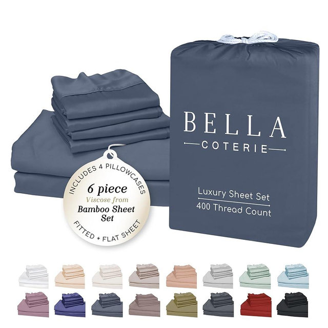 Bella Coterie 6 Piece Luxury Bamboo Viscose King Size Sheet Set | 100% Organically Grown | Cooling for Hot Sleepers | 18" Deep Pocket | Soft & Hypoallergenic | 4 Pillowcases [Slate Blue]