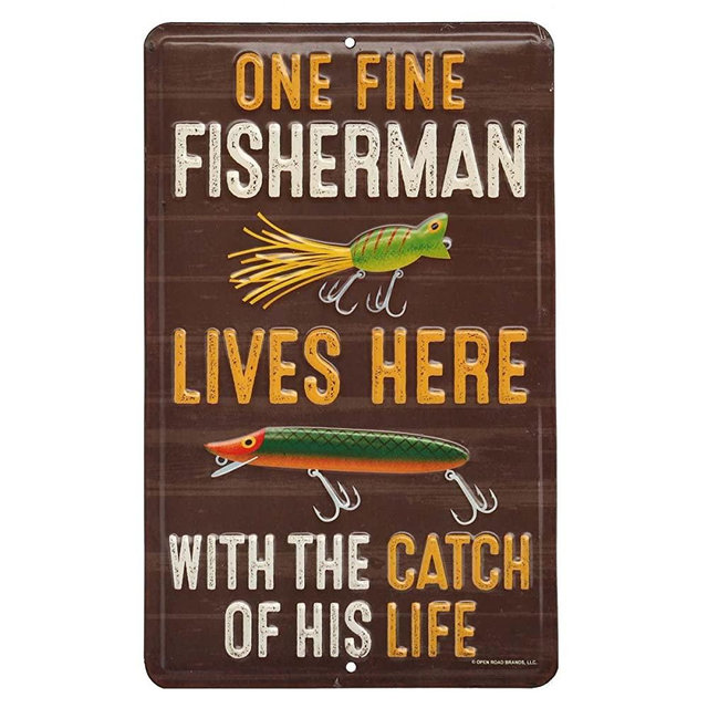 Open Road Brands One Fine Fisherman, Brown Vintage Embossed Tin Metal Wall Art Sign - an Officially Licensed Product Great Addition to Add What You Love to Your Home/Garage Decor