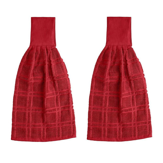Blue Needles Hanging Kitchen Towels - Red 100% Cotton Solid Kitchen Tie Towel, Set of 2 Hand Dish Cloth with Hanging Loops 9 x 17 Inches, Absorbent, Super Soft, and Fast Drying Home Essential