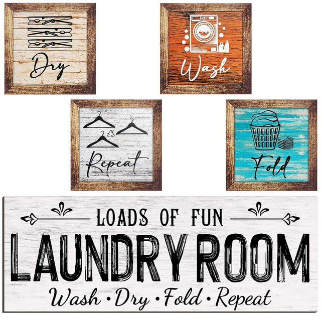 Yerliker Set of 5 Laundry Room Decor Farmhouse Wooden Sign Wash Fold Dry Repeat Signs Rustic Wall Art Prints Laundry Room Sign Decor for Home, Unframed(Retro Color,Large)