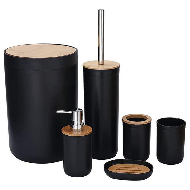 iMucci 8Pcs Black Bathroom Accessories Set with Trash Can Toothbrush