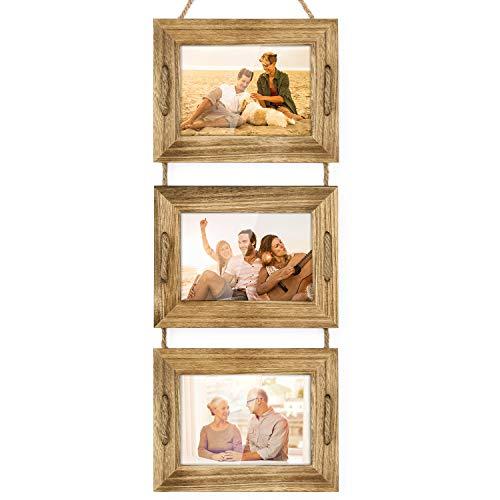 DLQuarts Collage Hanging Picture Photo Frame 5 x 7, 3-Frame Set On Hanging Rope, Rustic Solid Wood Photo Frame Carbonized Black