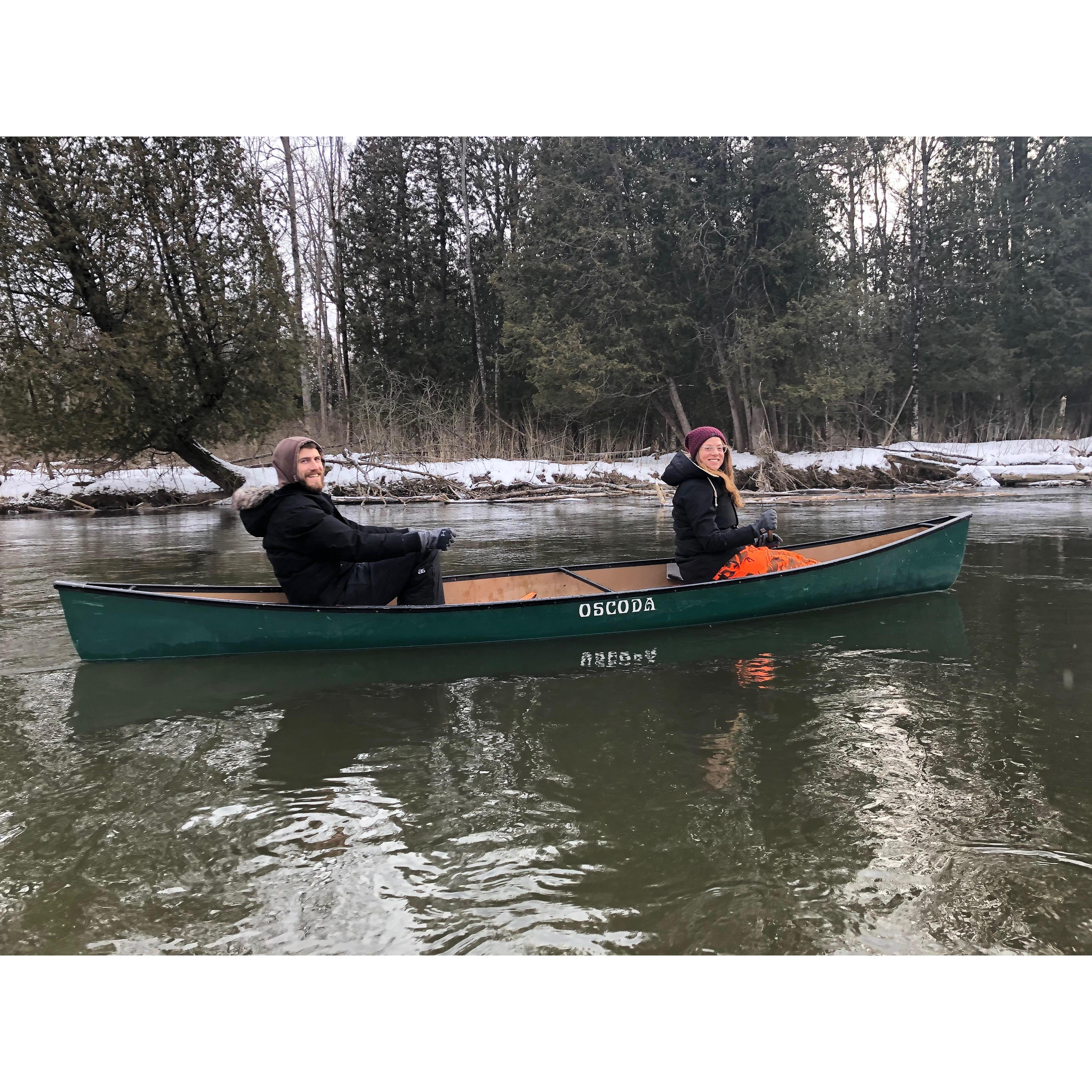 Canoeing on the river in the winter in Michigan is now one of our annual traditions