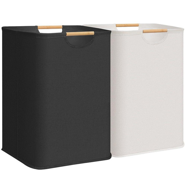 STORAGE MANIAC 2-Pack Large Laundry Hamper, 100L (26.4 Gal) Collapsible Laundry Basket with Bamboo Handles, Freestanding Waterproof Clothes Hamper for Bedroom, Dorm, Towels, Toys, Black+White