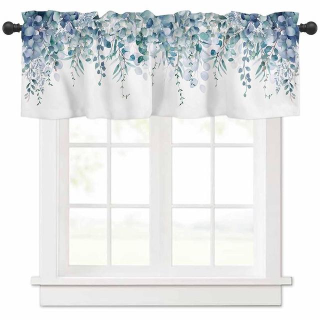 Blue Eucalyptus Window Valance Curtains Watercolor Leaves Window Treatment for Kitchen Windows Bathroom Bedroom Living Room Farm 1 Panel Rod Pocket Short Curtain 1 Panel, 54x18 in, Blue Green White