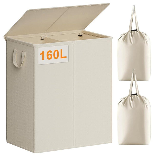 Chrislley 160L Laundry Hamper 2 Section, Double Laundry Basket with Lid, Large Dirty Clothes Hamper with Removable Liner Bags, Collapsible Laundry Organizer for Bedroom, Dorm,Beige