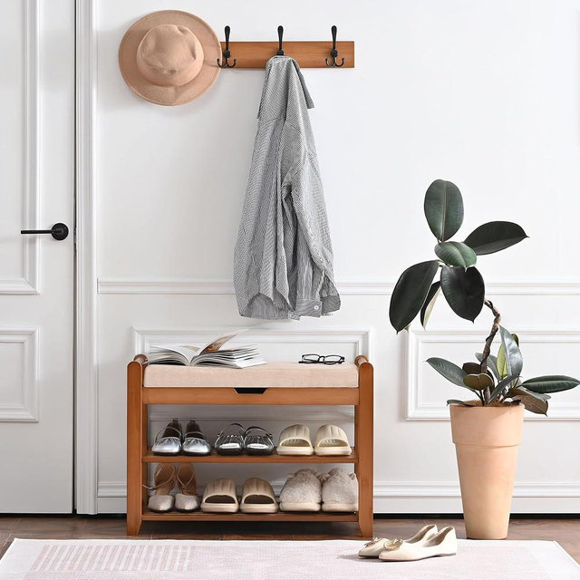 Homman Shoe Storage Bench with Coat Rack, 27.6in Hall Tree Shoe Rack, 3-Tier Bamboo Entryway Bench Holds Up to 330lb for Bedroom Hallyway