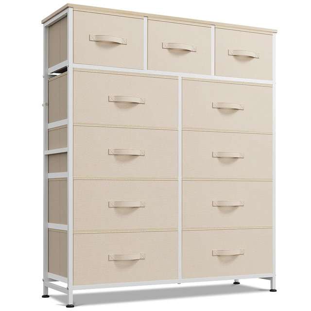WLIVE Storage Organizer Unit with 11 Fabric Bins, Storage Drawers Organizer with Steel Frame, Tall Storage Tower Organizaton for Living Room, Hallway, Office, Cream White