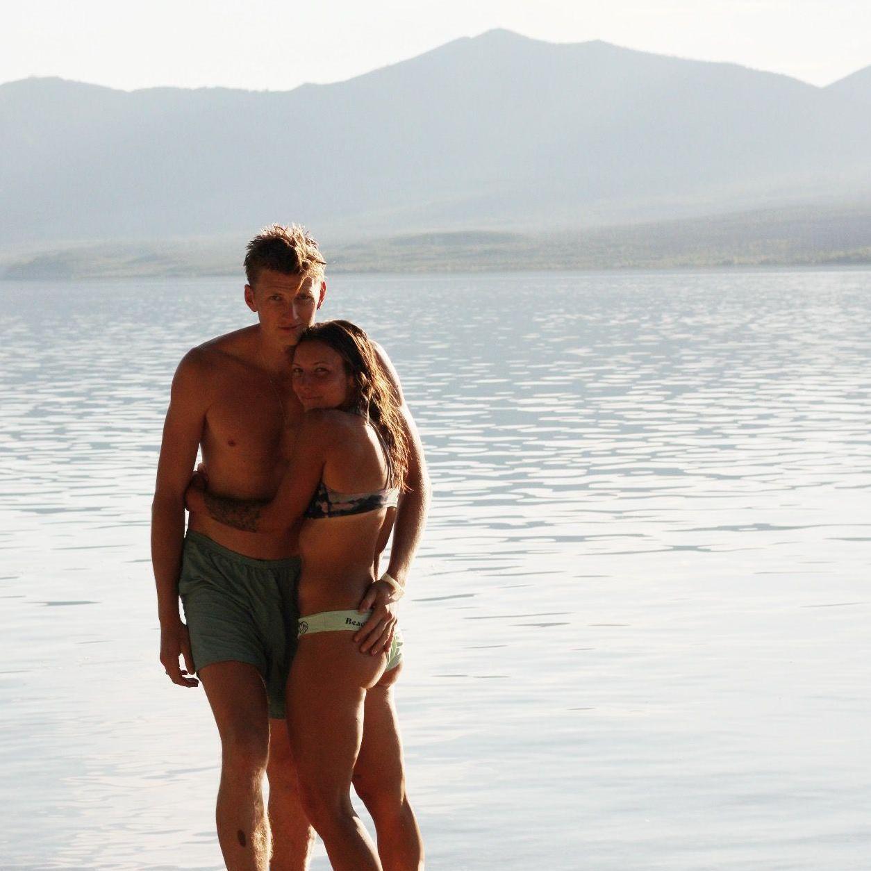 A "lake shower" after our 15-mile hike in Glacier National Park.