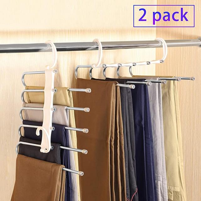 lanliebao 2 Pack Adjustable 5 in 1 Pants Hangers,Multi-Layer Hanger Made of Plastic & Aluminum for Wardrobe,Home Storage for Organizer,Folding Space Saver Storage for Trousers Scarf Tie Belt - White