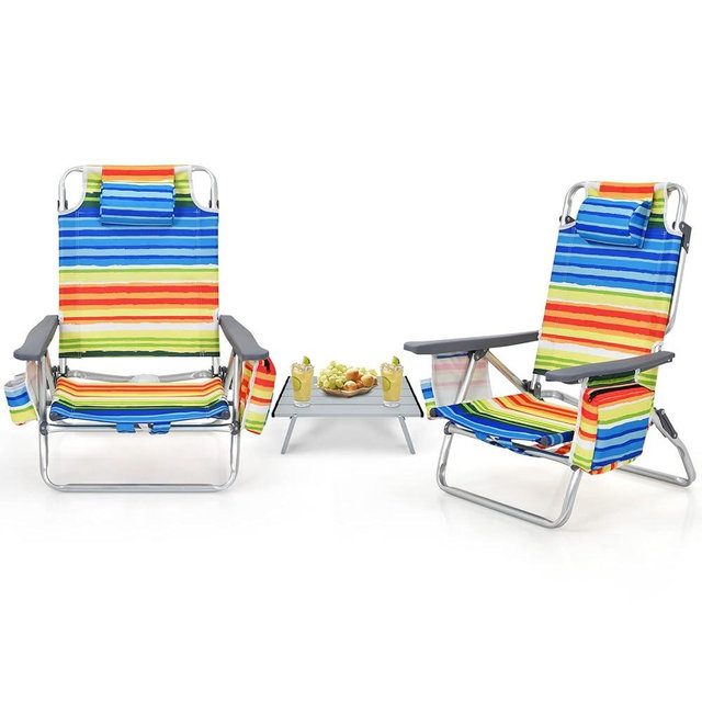 Tangkula Backpack Beach Chair with Table, 5-Position Lay Flat Beach Chairs with Cooler Bag, 2 Cup Holders, Towel Bar, Lightweight Low Folding Beach Chair with Backpack Straps