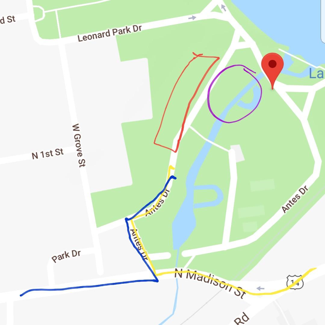 Ceremony- Purple circle
Parking (opposite side of the road) - orange rectangle
Yellow - coming from Madison
Blue - Coming from Janesville