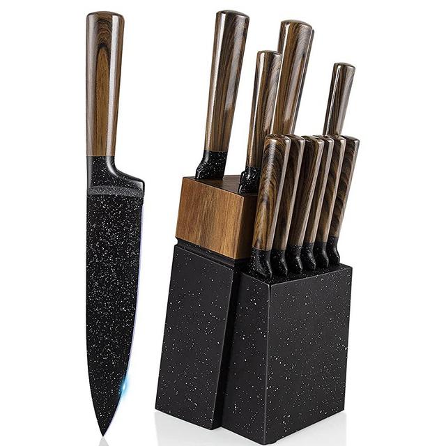 Knife Set,12-Piece Kitchen Knife Set with Storage Block,High Carbon German Stainless Steel Block Knife Set with Japanese Designed Wooden Pattern Stainless Handle and 6 Steak Knives