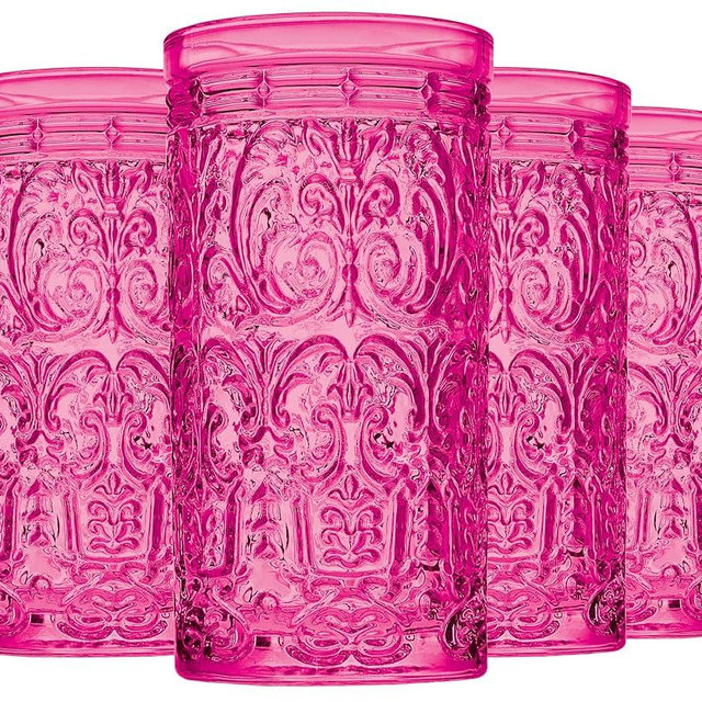 Godinger Highball Drinking Glasses, Tall Glass Cups Vintage Design - Jax Collection, Hot Pink, Set of 4