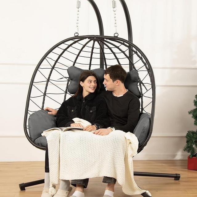 Double Egg Chair wth Stand Hammock Swing Chair Foldable Hanging Loveseat, UV Resistant Removable Cushions, 700LBS Capacity for Bedroom, Balcony, Garden(BK-GR)
