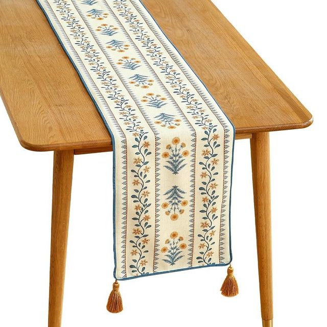 ISAENNE Designer Elegant Linen Table Runner 87 Inches, Yellow Flower Pattern Long Table Runners for Thanksgiving,Dining Room,Banquet,Holiday,Christmas,New Year,12"*87"