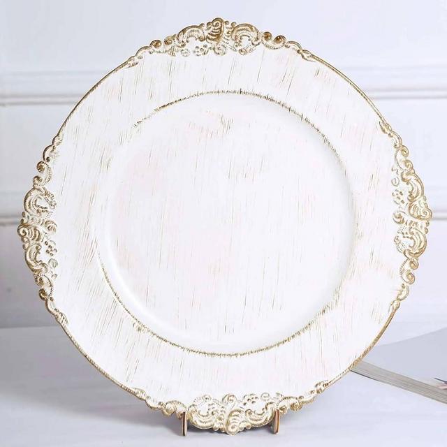 TCF Linen 13" Charger Plates -Set of 12 - Acrylic White Round Baroque Disposable Chargers Leaf Embossed Rim, Ideal for Dinner Party Wedding Bulk Events