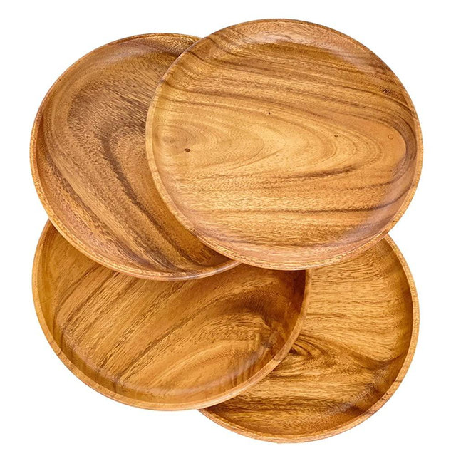 WRIGHTMART Wooden Plates, Set of 4 Wood Servers, Dinnerware Handcrafted of Acacia Hardwood, Versatile Tableware, for Dinner, Lunch, Breakfast, Charger-Platter, Large 10” Diameter