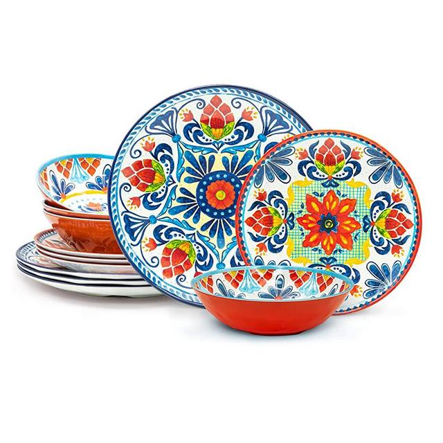 Zak Designs Medallion Warm Durable Non-BPA Melamine Dinnerware 12pc Set Includes Dinner Plates, Salad Plates, and Individual Bowls, Service for 4