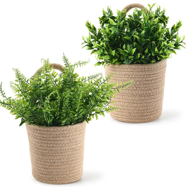 Knitgrip 2 Pack Wall Baskets for Plants Hanging Rope Basket with Artificial Plants Woven Farmhouse Jute Storage Organizer Rustic Wall Boho Basket Decor for Porch Living Room Bedroom(Eucalyptus Style)