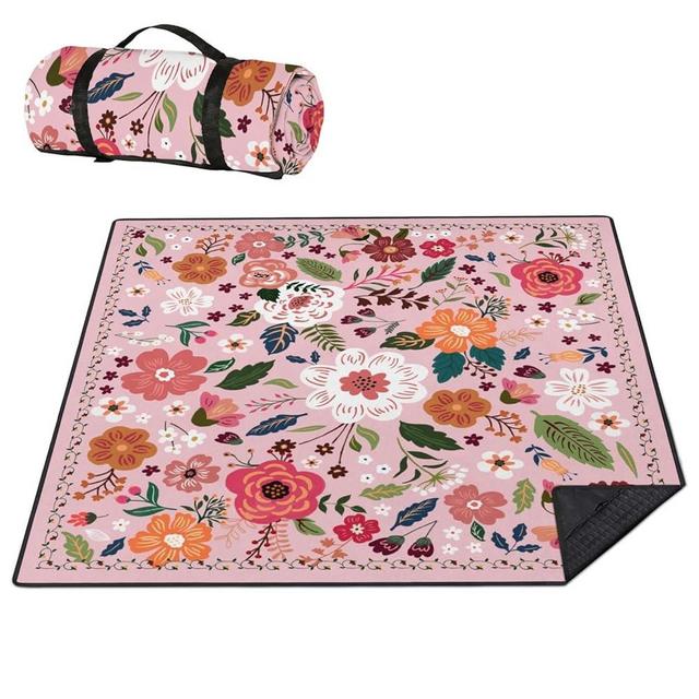 Picnic Blankets Waterproof Foldable Extra Large,80"x 80" Outdoor Beach Blanket Sandproof,3-Layer Lightweight Handy Mat Tote Picnic Camping Rugs for Outside Your Rv (Boho Vintage Floral Pink)