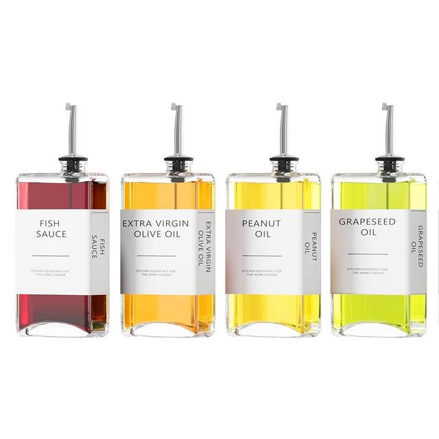 New England Stories Kitchen Cooking Oil Dispenser Set, Olive Oil and Vinegar Bottles, Soy Sauce Dispenser - 4 Pieces, Silver, Durable & Stylish Design