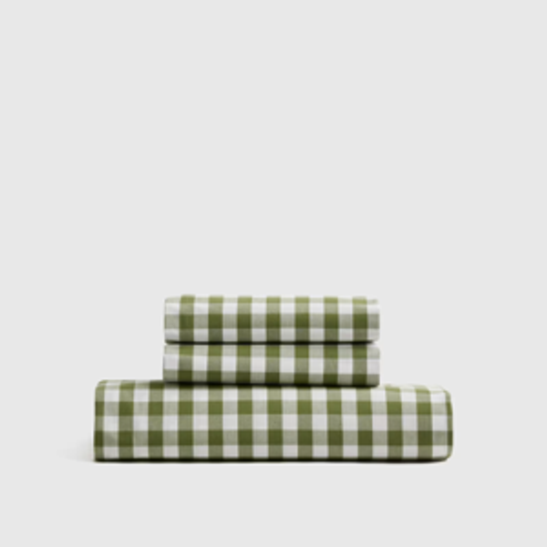 Classic Organic Percale Gingham Sheet Set, Queen, Olive | Quince