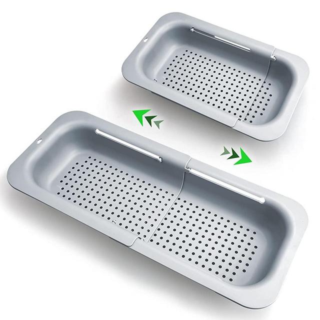 Komzon Extendable Colander Strainer Over the Sink, Retractable Kitchen Sink Basket to Wash Vegetables and Fruits, Food Strainers to Drain Pasta and Dry Dishes, Collapsible Plastic Colanders for Sink
