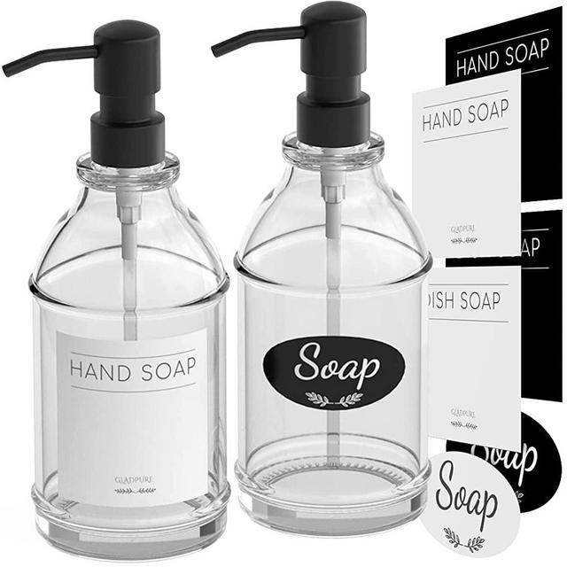 GLADPURE Soap Dispenser 2 Pack, Hand Soap Dispensers with 16 Oz Clear Thick Glass Boston Round Bottle, 304 Rust Proof Stainless Steel Pump, 6Pcs Stickers, Kitchen & Bathroom Soap Dispenser- Black