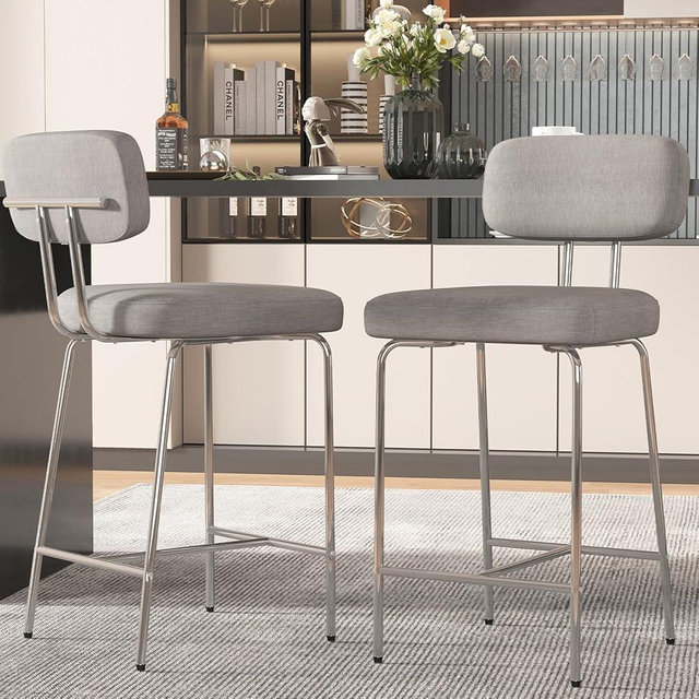 Counter Height Bar Stools Set of 2, 26" Gray Fabric Kitchen Counter Stools with Backs, Metal Legs, Footrest and Wide Seat, Bar Chairs for Kitchen Island