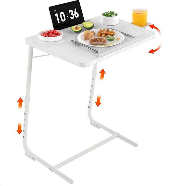 Adjustable TV Tray Folding Dinner - White Trays for Eating On Couch Wooden Tables Mate Stand Foldable Desk with Cup Holder Portable