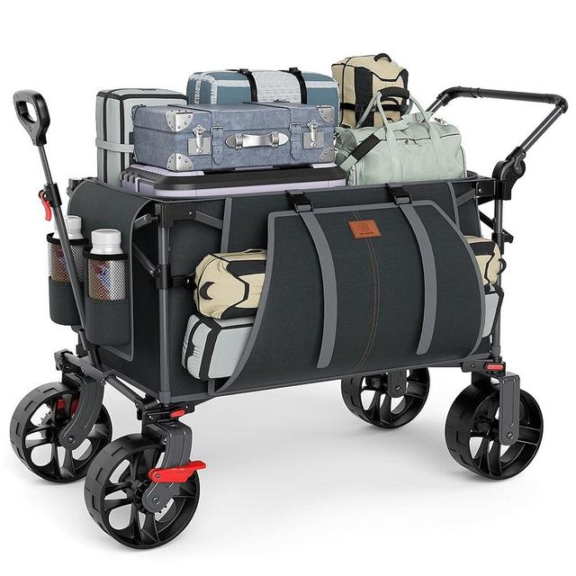EVER ADVANCED Folding Push Wagon with Brakes, Portable Shopping Cart, Collapsible Wagon Cart with All-Terrain Big Wheels for Camping, Beach, Sports