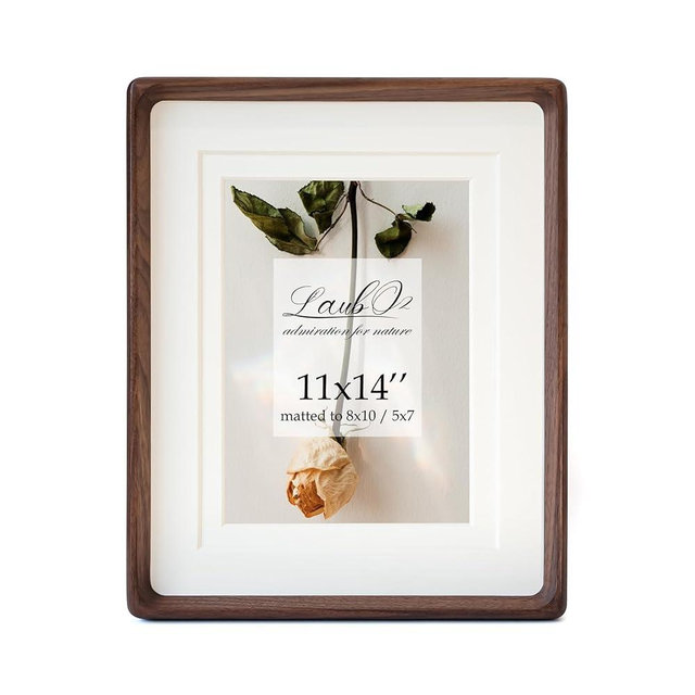 LAUBO2 11x14 Wooden Picture Frame with Double Mat - Natural American Black Walnut Wood Photo Frame Matted to 8x10 & 5x7 | Tabletop & Wall | Brown