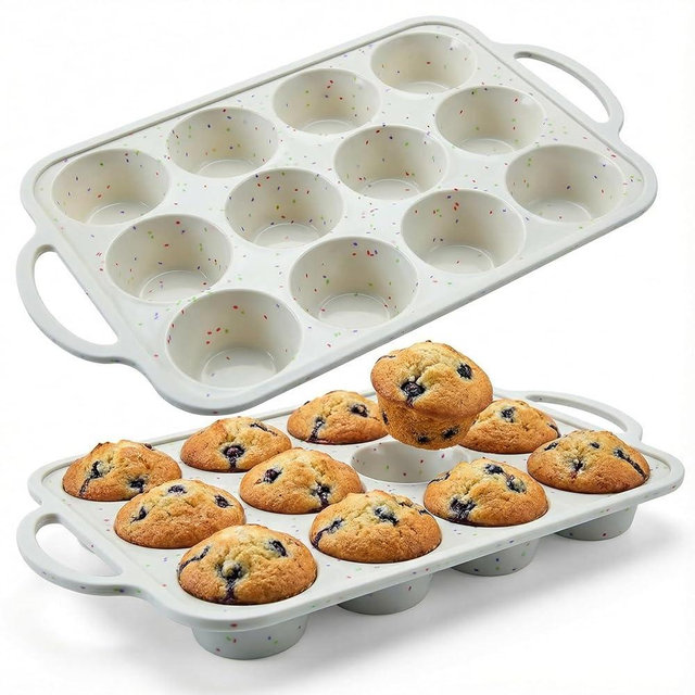 BAKE BOSS 2-Pack Regular Muffin Pan – 12-Cup Silicone Muffin Pans for Baking with Metal-Reinforced Frame – Nonstick Silicone Cupcake Pan, BPA-Free Muffin Tray, Oven & Dishwasher Safe – Cream