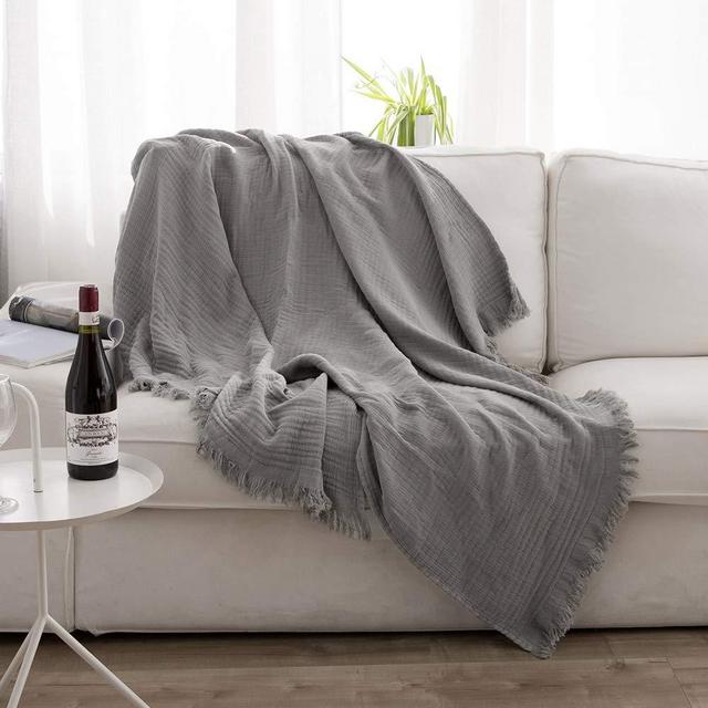 Simple&Opulence Natural Wrinkled Cotton Throw Blanket Knit Woven with Tassels Cozy Blanket Scarf Shawl Farmhouse Decoration (Grey)