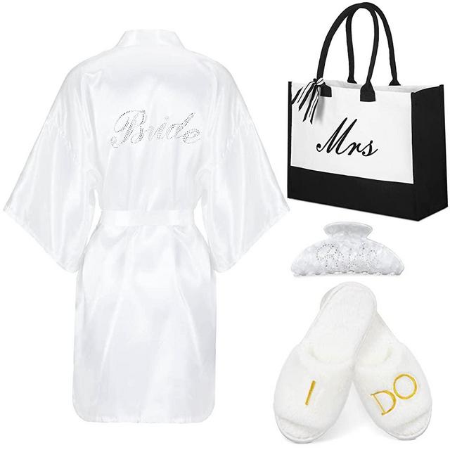 JenPen 4 Pcs Bride Gifts Bride Robe Bridal Slippers Wedding Tote Claw Clip Canvas Tote Bag Wedding Day Rhinestone Robe Slide Slippers for Women Bachelorette Shower Engagement Proposal Party
