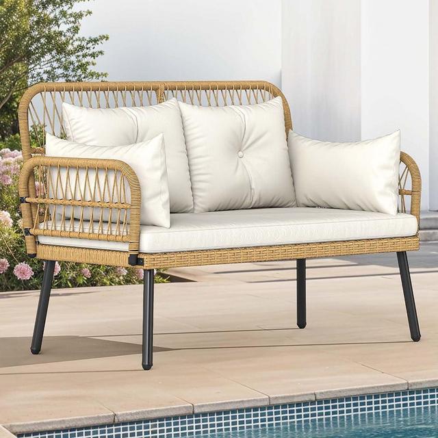DWVO Outdoor Loveseat, Patio Wicker Furniture Set with Cushion & Adjustable Feet, Patio Couch for Garden, Balcony, and Porch, Beige