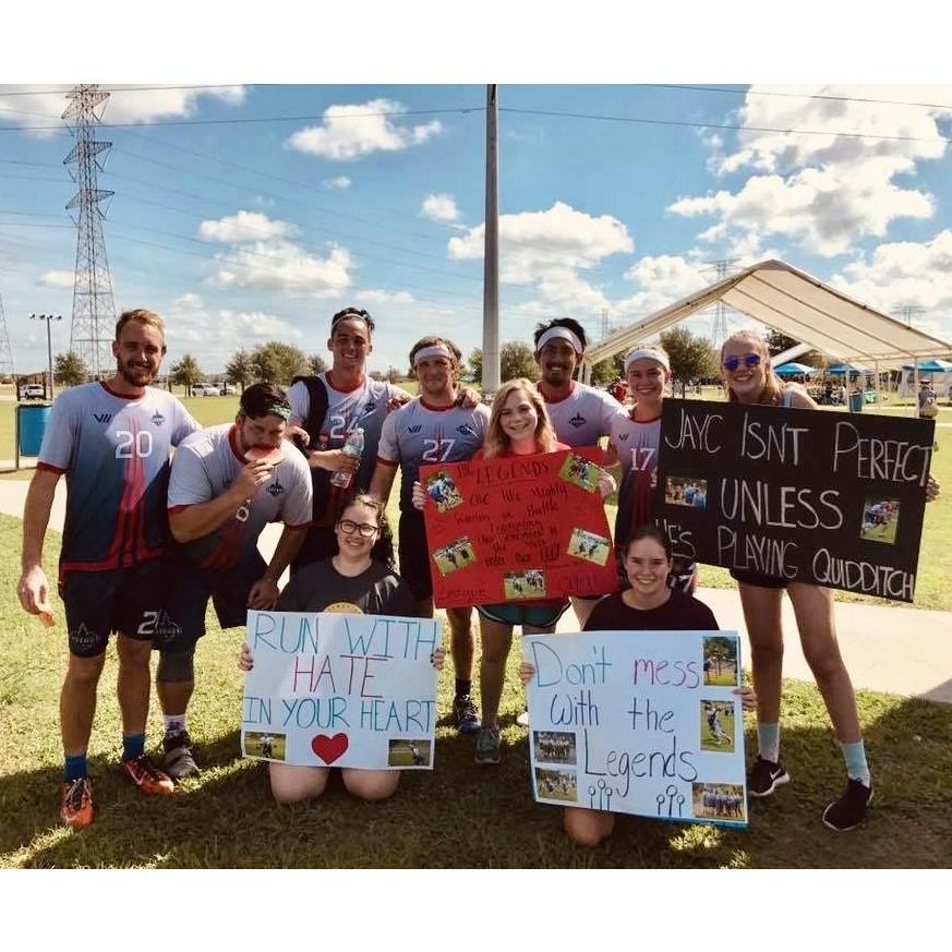 This is a pre-relationship 2017 photo at a Quidditch summer series. Little did Ashley know Kevin purposely stood behind her in this photo & they would soon enjoy hanging around each other more often!