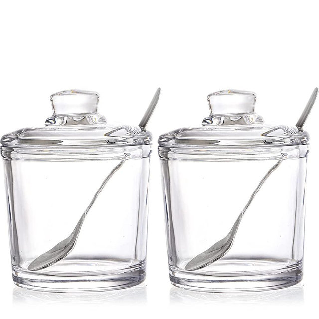 Frcctre Set of 2 Clear Glass Sugar Bowl, 6 Ounces Sugar Jar with Spoon and Lid, Salt Spice Pepper Bowl Seasoning Jar Condiment Pots Dispenser Container for Home Kitchen Restaurant Coffee Bar